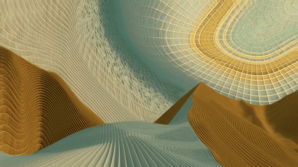 A translucent geometric grid sweeping over a quiet landscape in a 4K psychedelic visual journey.